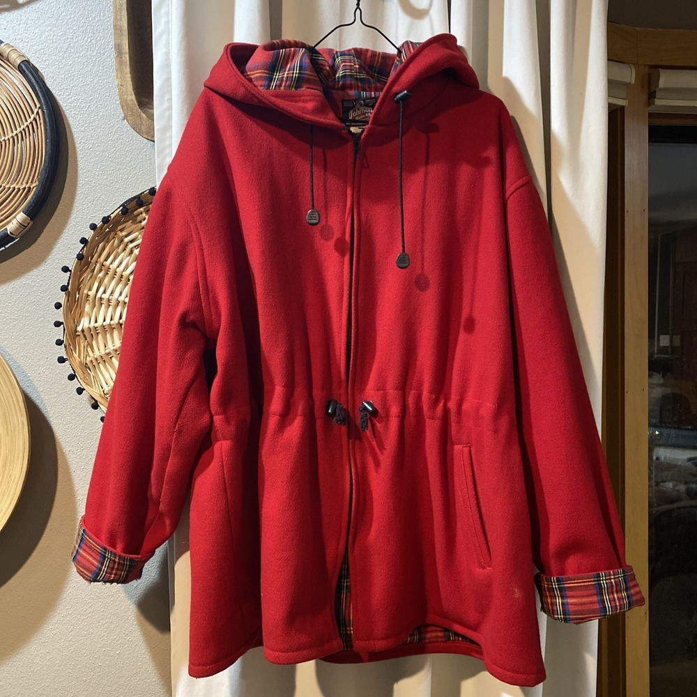 Vtg Johnson Woolen Mills Women Red Hooded Plaid Lined Parka Jacket Wool XL Wool